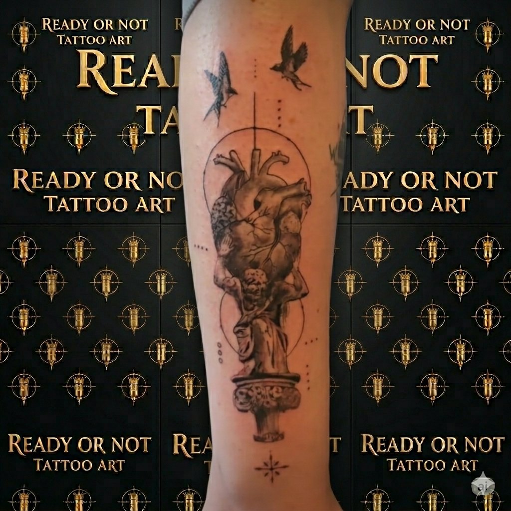 Black & Grey Tattoo — Anatomisches Herz mit Engel — durchkomponiert